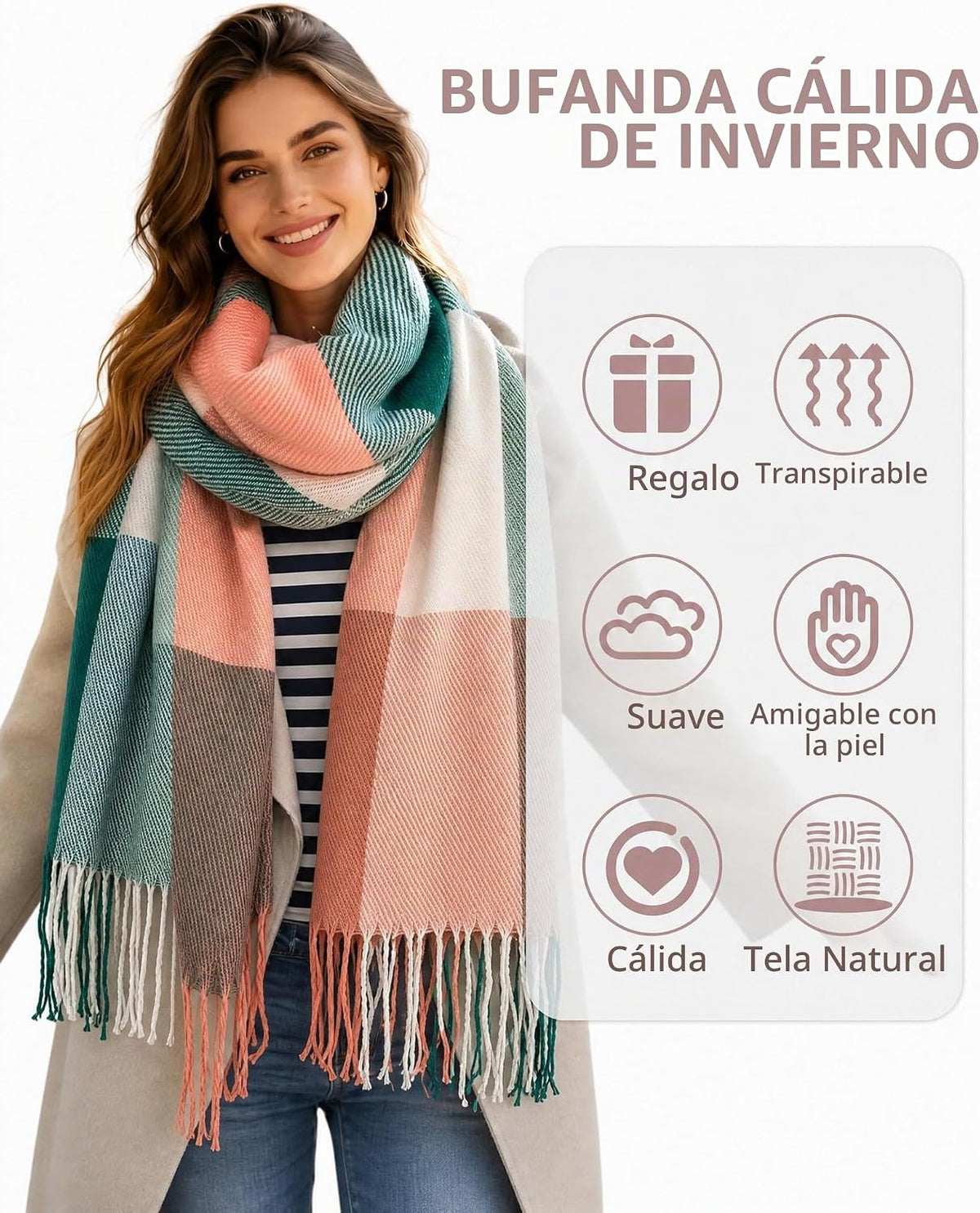 YSense Bufanda de invierno para mujer, bufandas largas a cuadros, r...