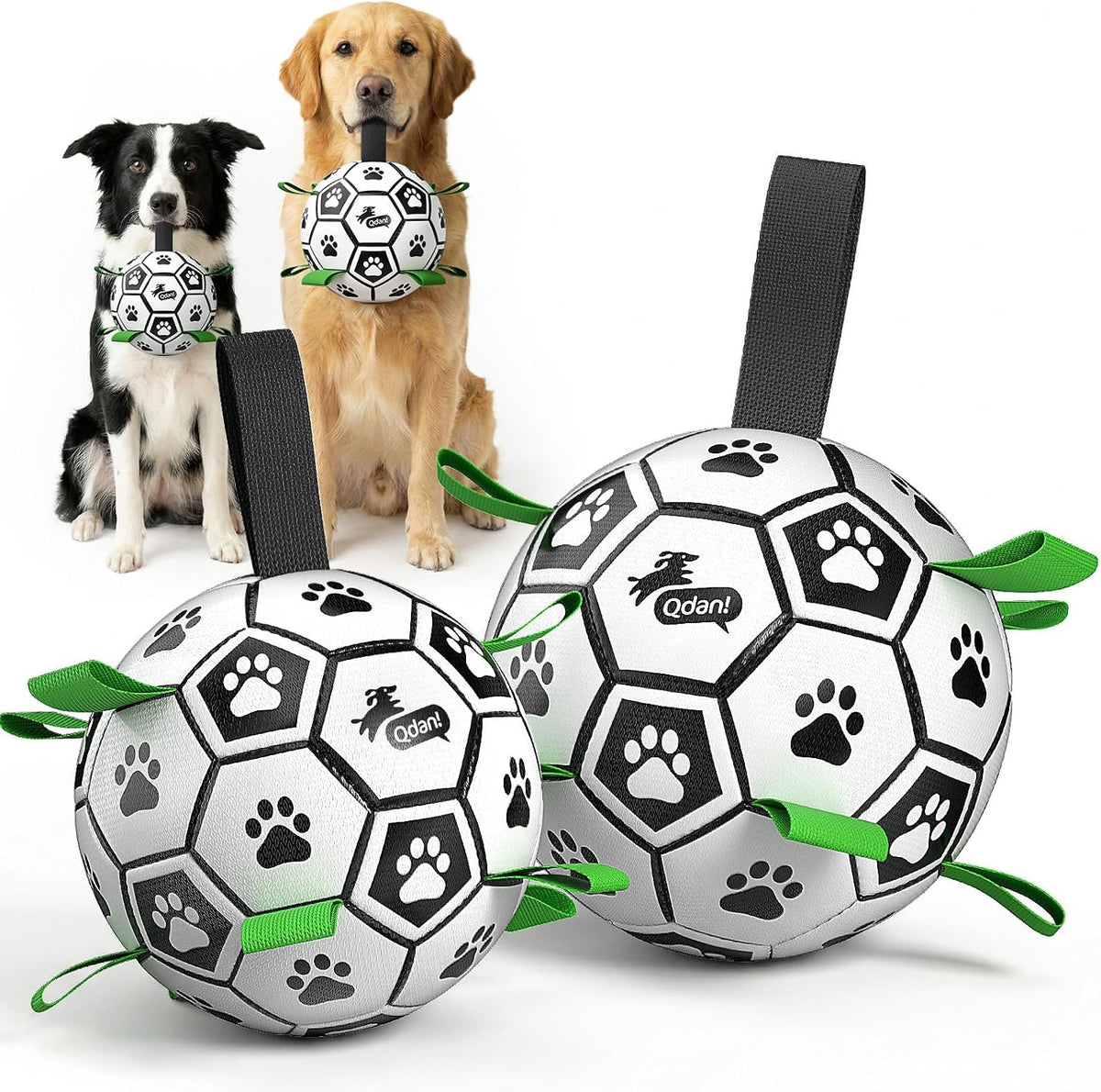 QDAN Juego de 2 pelotas de fútbol para perros con correas, juguetes...