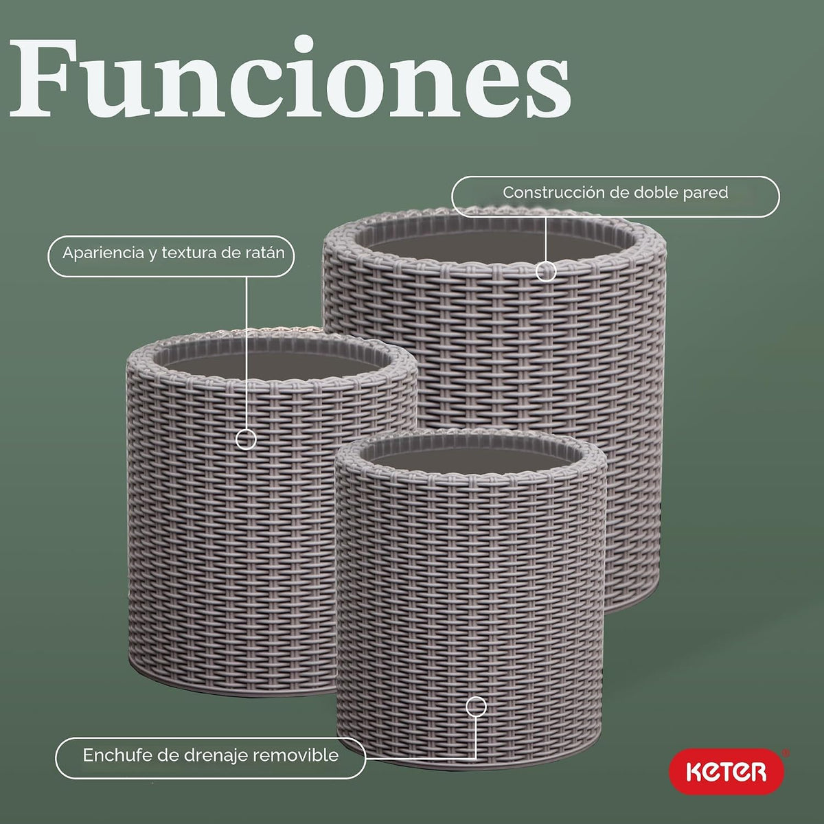 Keter Juego de 3 macetas cilíndricas de resina de ratán para planta...