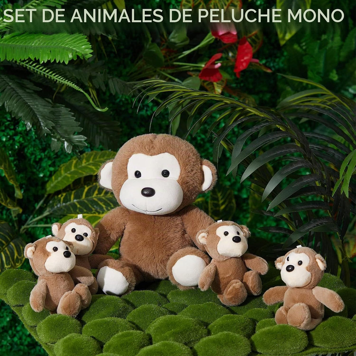 Lewtemi - Juego de 5 animales de peluche grandes con 4 monos bebés...