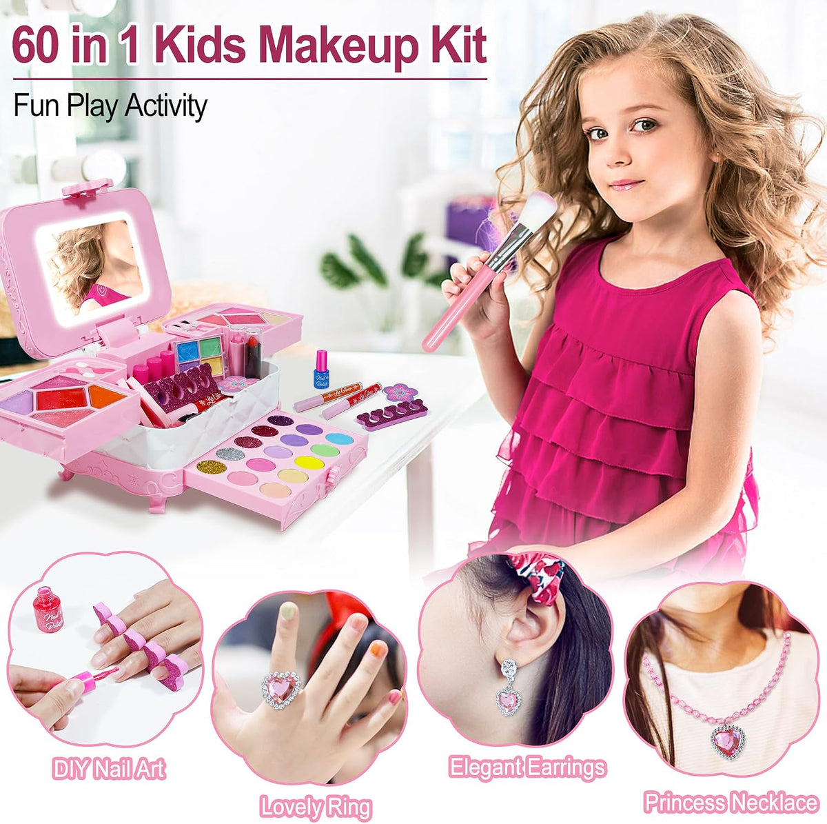 YasinKidz Kit de maquillaje 60 en 1 para niños, con espejo de maqui...