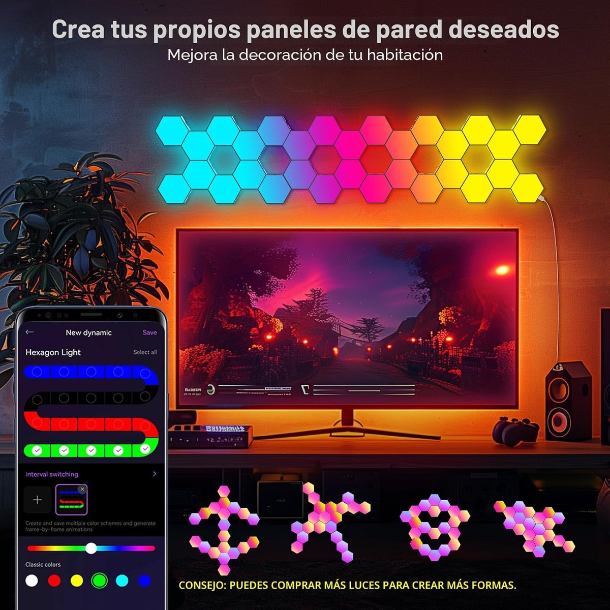JIMIMORO Paquete de 8 paneles de luz LED hexagonales, luces de deco...