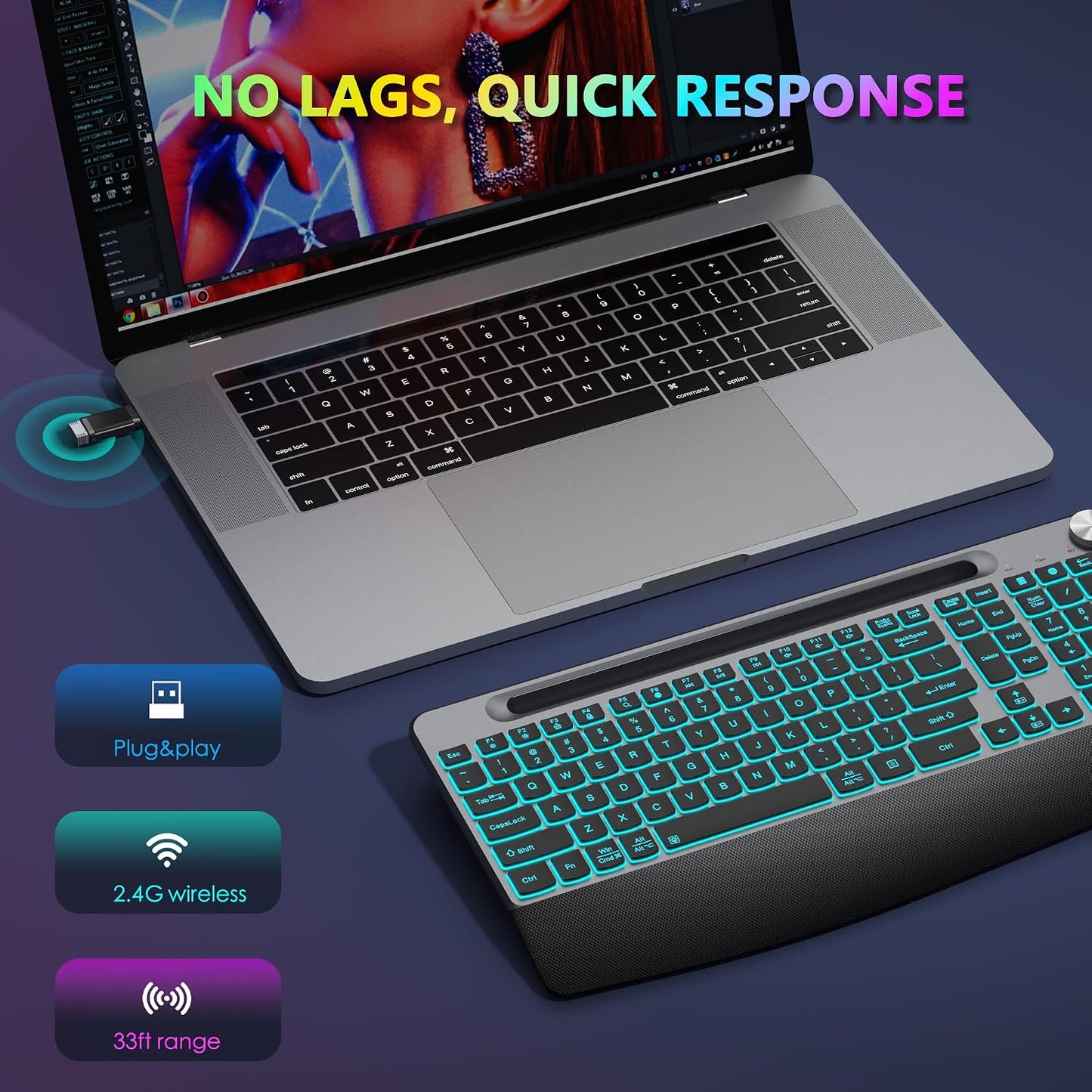 Combinación de teclado y mouse inalámbricos retroiluminados ergonóm...