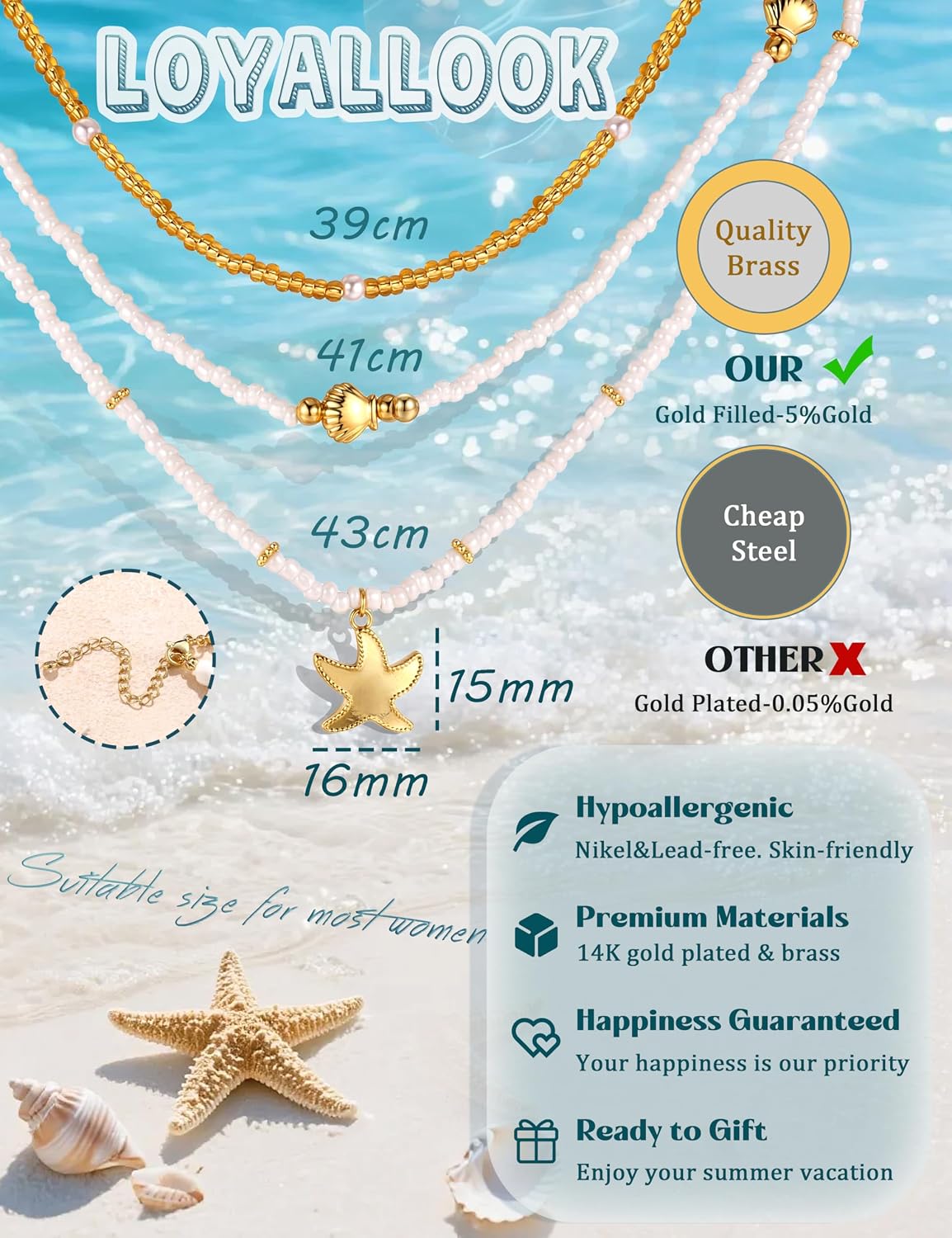 LOYALLOOK Collar de estrella de mar de concha para mujer, chapado e...