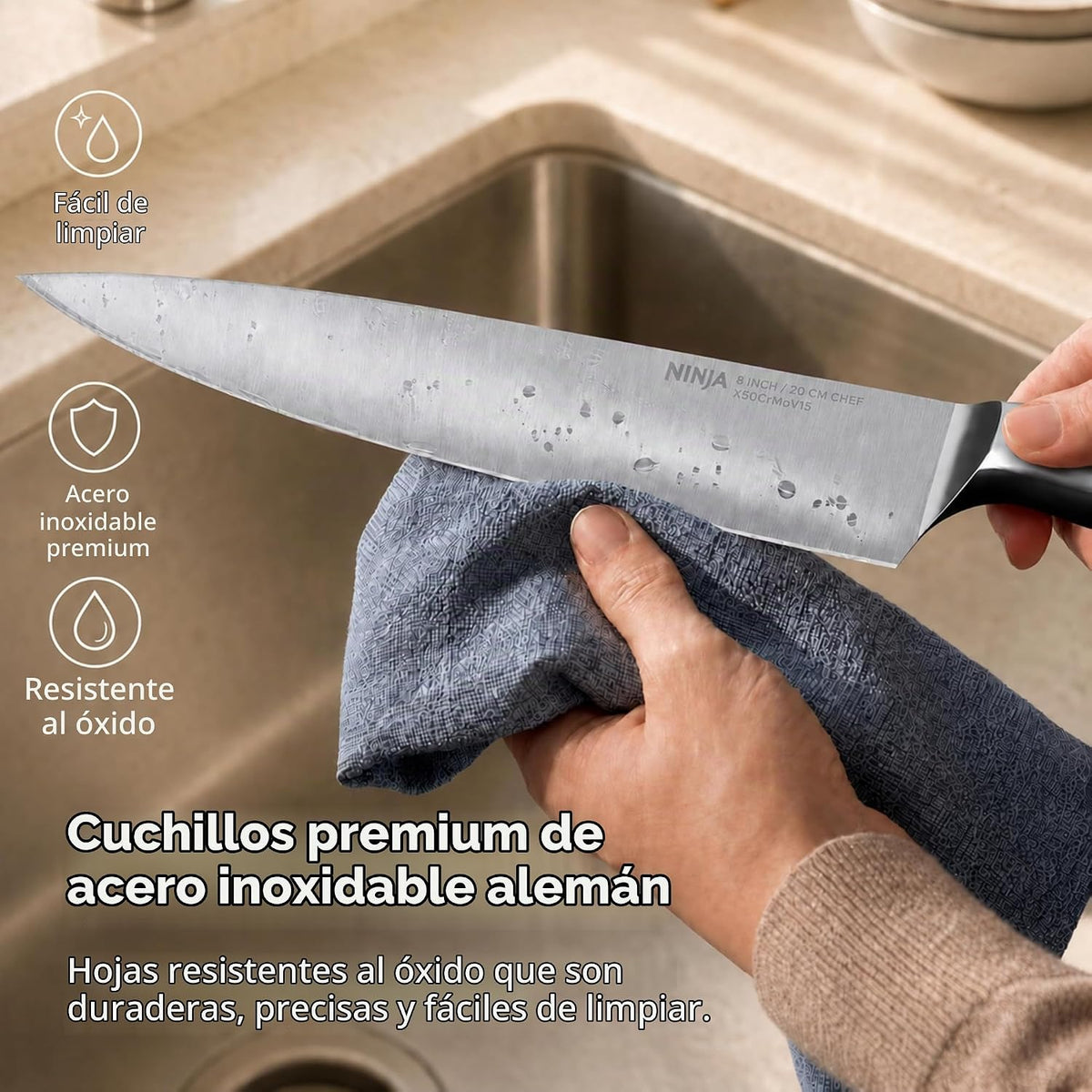 Ninja NeverDull® NK32010BK1 - Juego de cuchillos alemanes de acero...