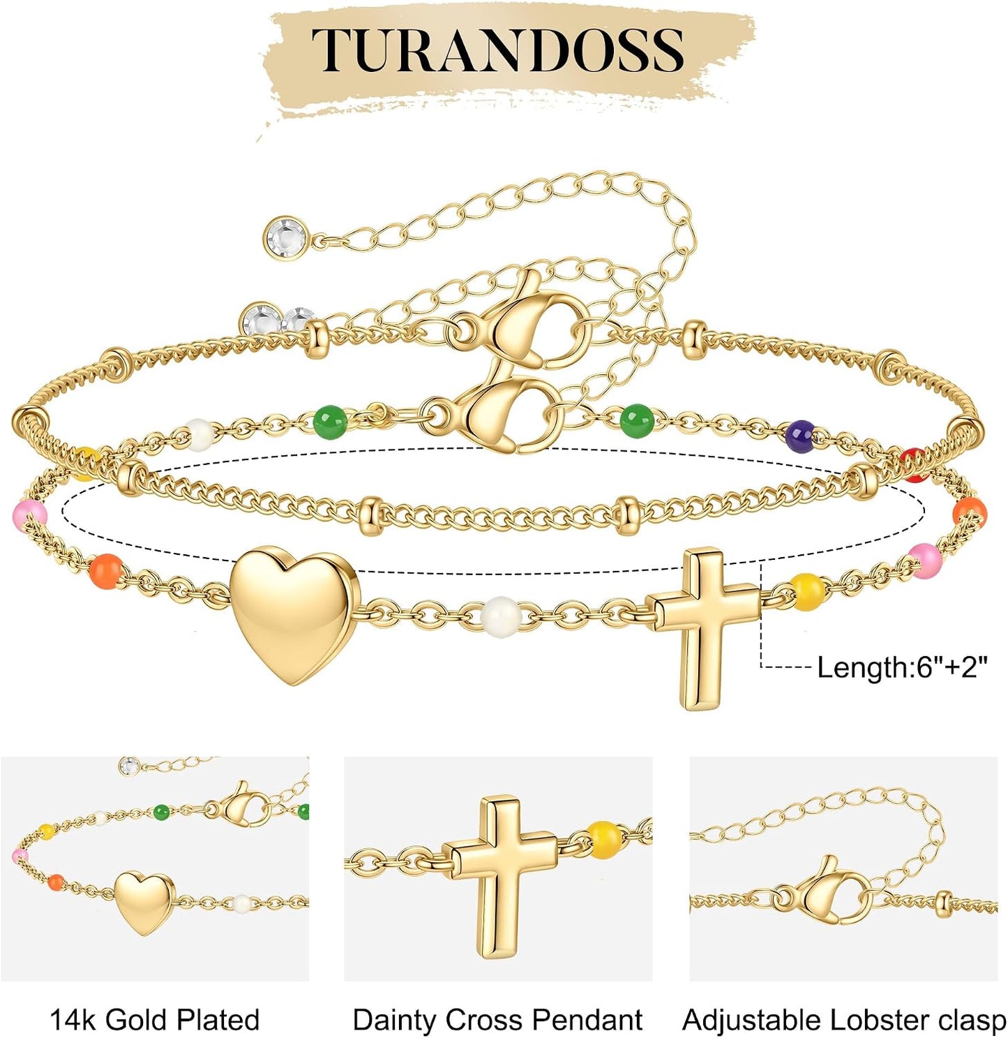 Turandoss Pulsera de cruz para mujer, chapada en oro de 14 quilates...