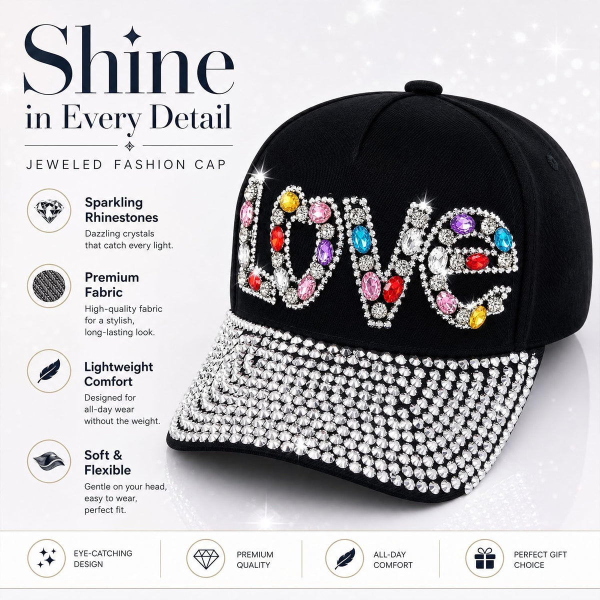 Gorra de béisbol brillante con diamantes de imitación, malla ajusta...