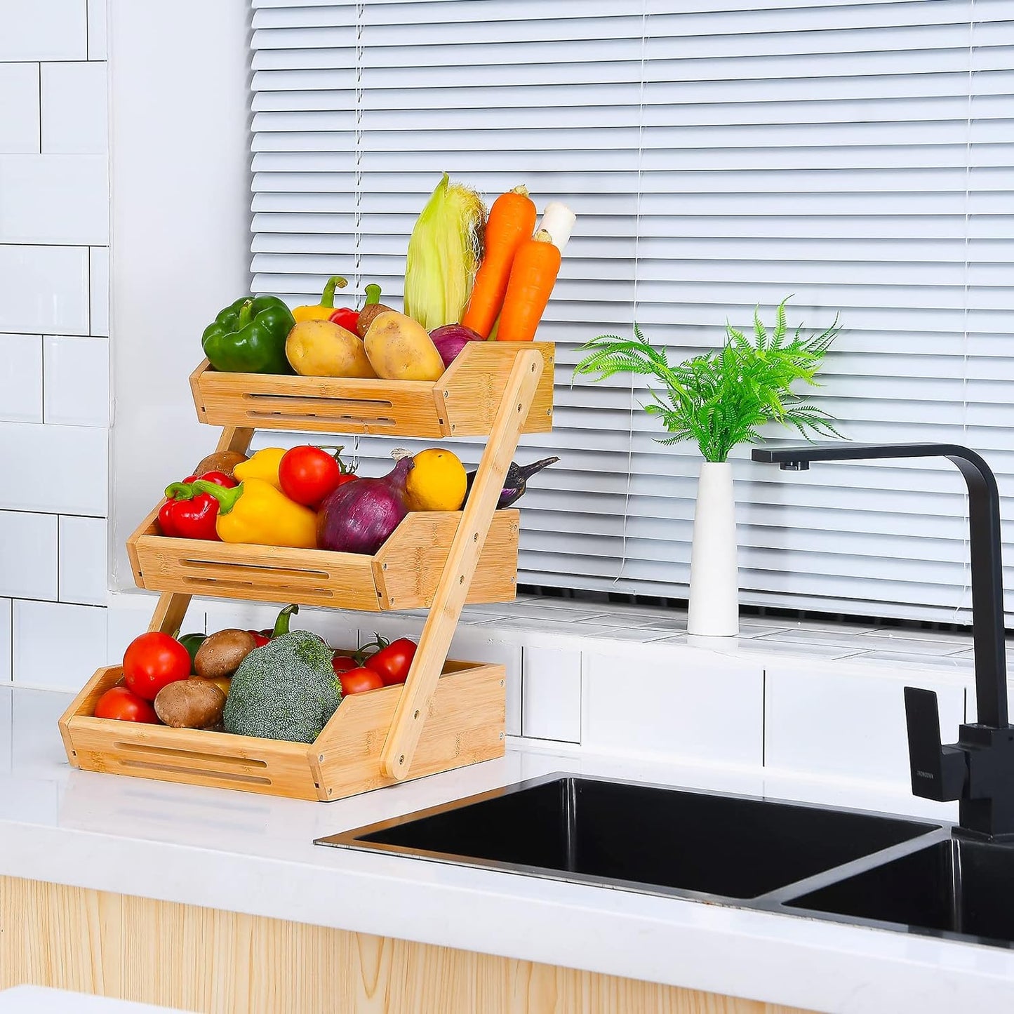 VIKEYHOME Cesta de Frutas, Cesta de Bambú de 3 Niveles para Cocina,...