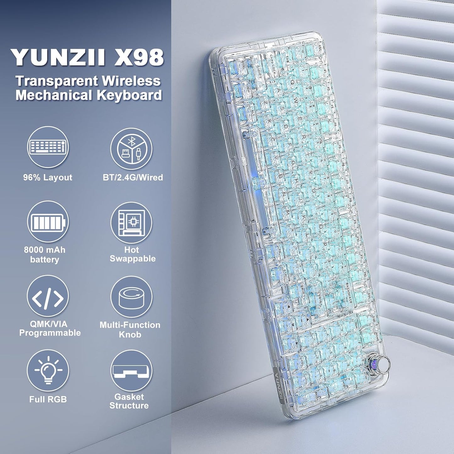 YUNZII X98 QMK\/VIA Teclado mecánico inalámbrico para juegos con pe...