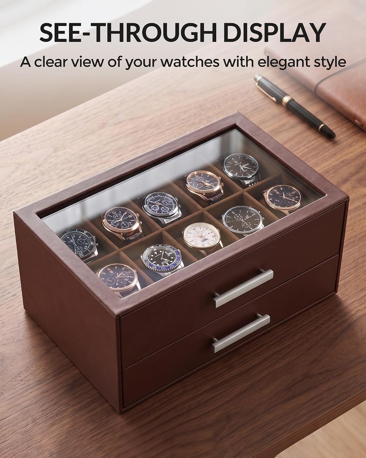 ProCase Caja de reloj de 10 ranuras para hombre, caja de gafas de s...