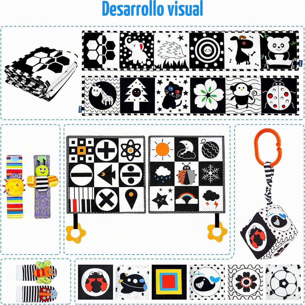 FELSOOGRE 7 piezas de juguetes para bebés de alto contraste en blan...