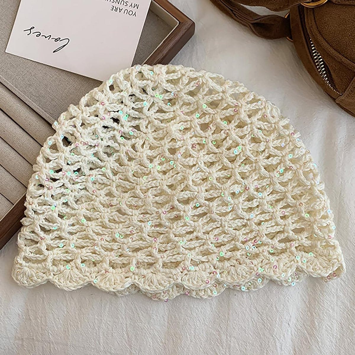 Julpsk Gorro de ganchillo hecho a mano con lentejuelas brillantes d...
