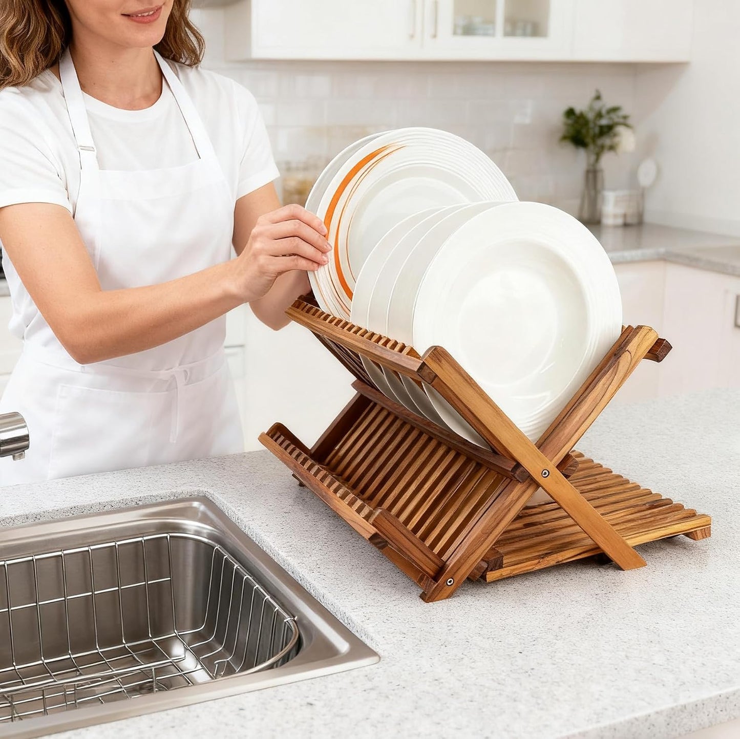 Utoplike - Estante grande de secado de platos de teca, escurridor d...