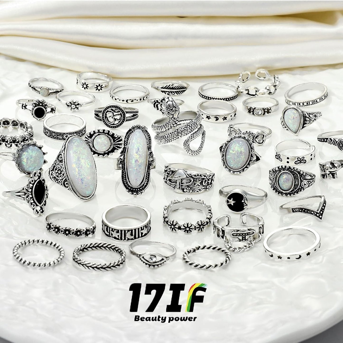 17IF Juego de anillos de nudillos plateados vintage para mujeres y...