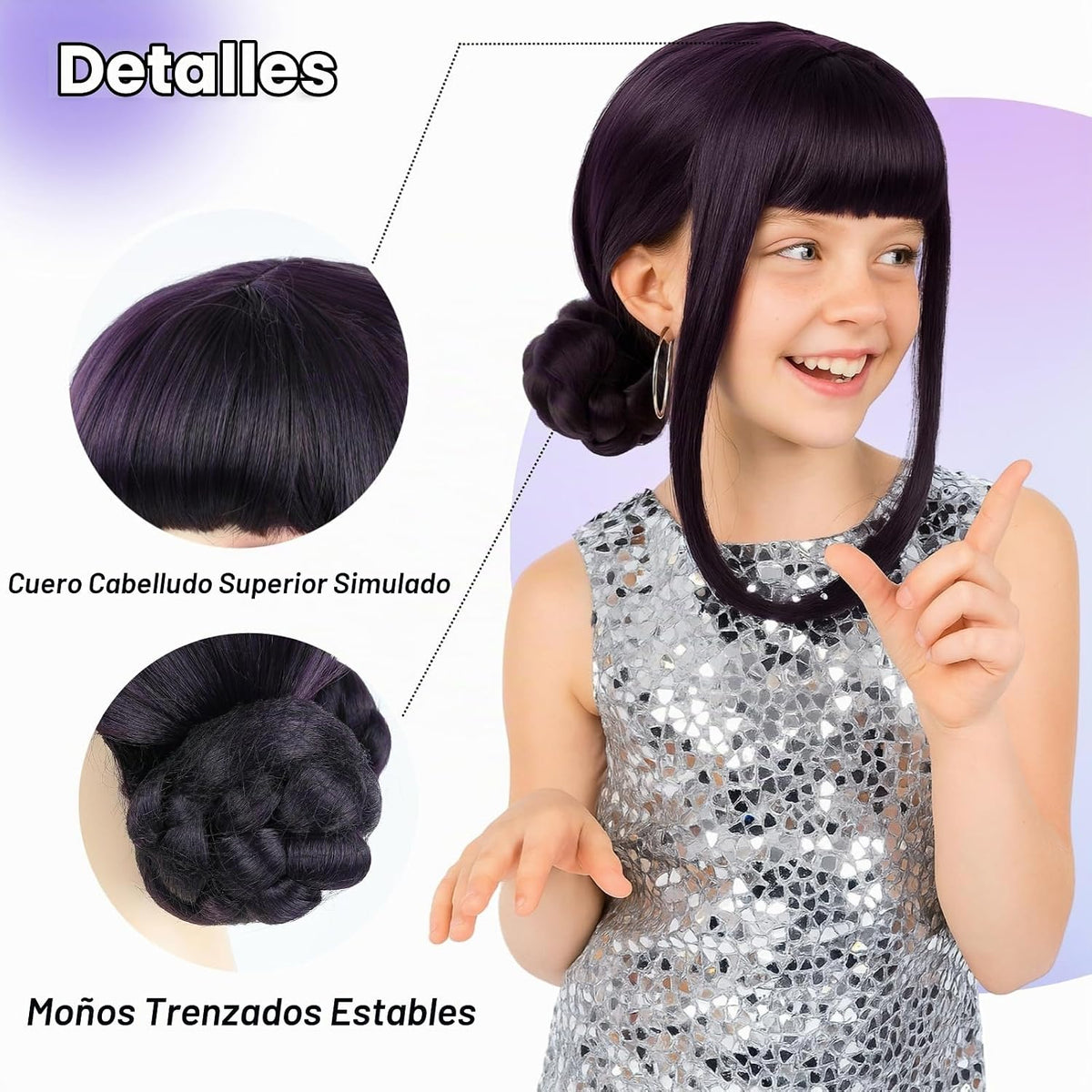 morvally Peluca corta negra y morada con 2 moños, pelucas de pelo s...