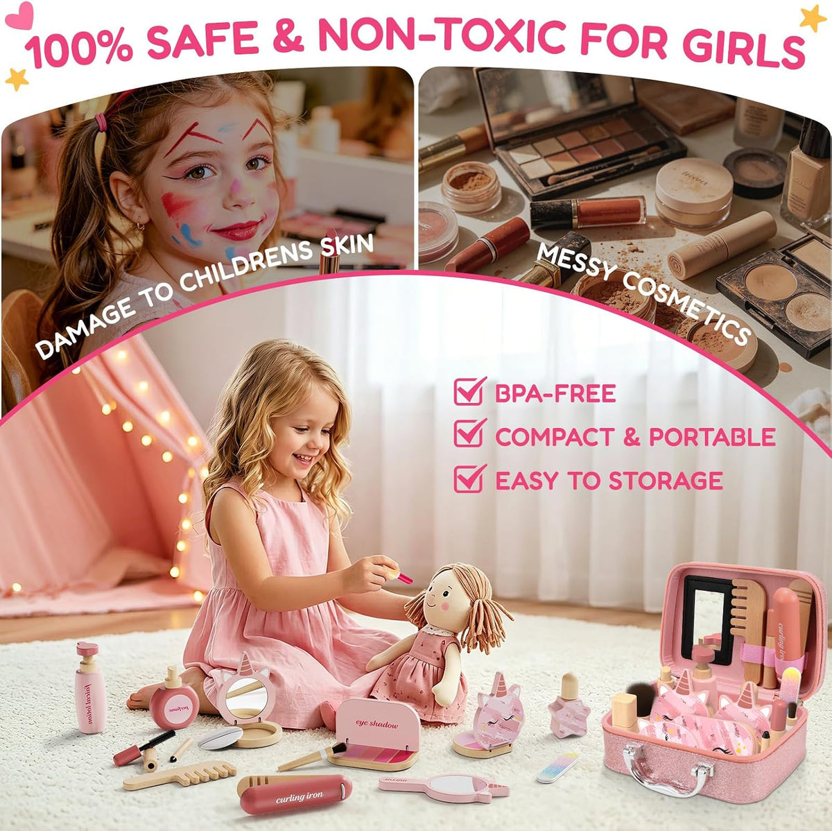Juego de maquillaje de madera para niños pequeños de 3 a 5 años, ki...