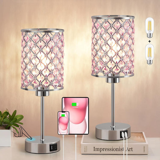GyroVu - Juego de 2 lámparas de mesita de noche de cristal rosa con...