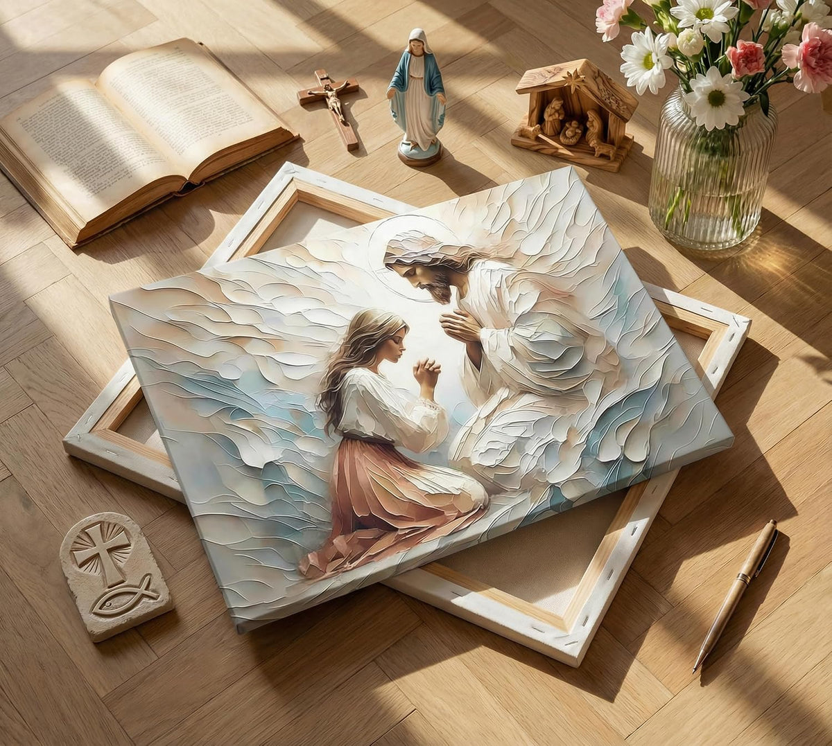 Lienzo de oración de Jesús y mujer, arte de pared Jesús sana a una...