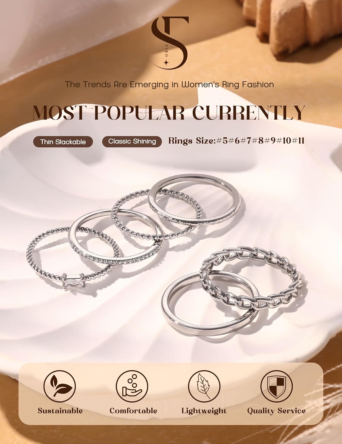 FIBO STEEL Juego de 6 anillos apilables para mujer, no se deslustra...