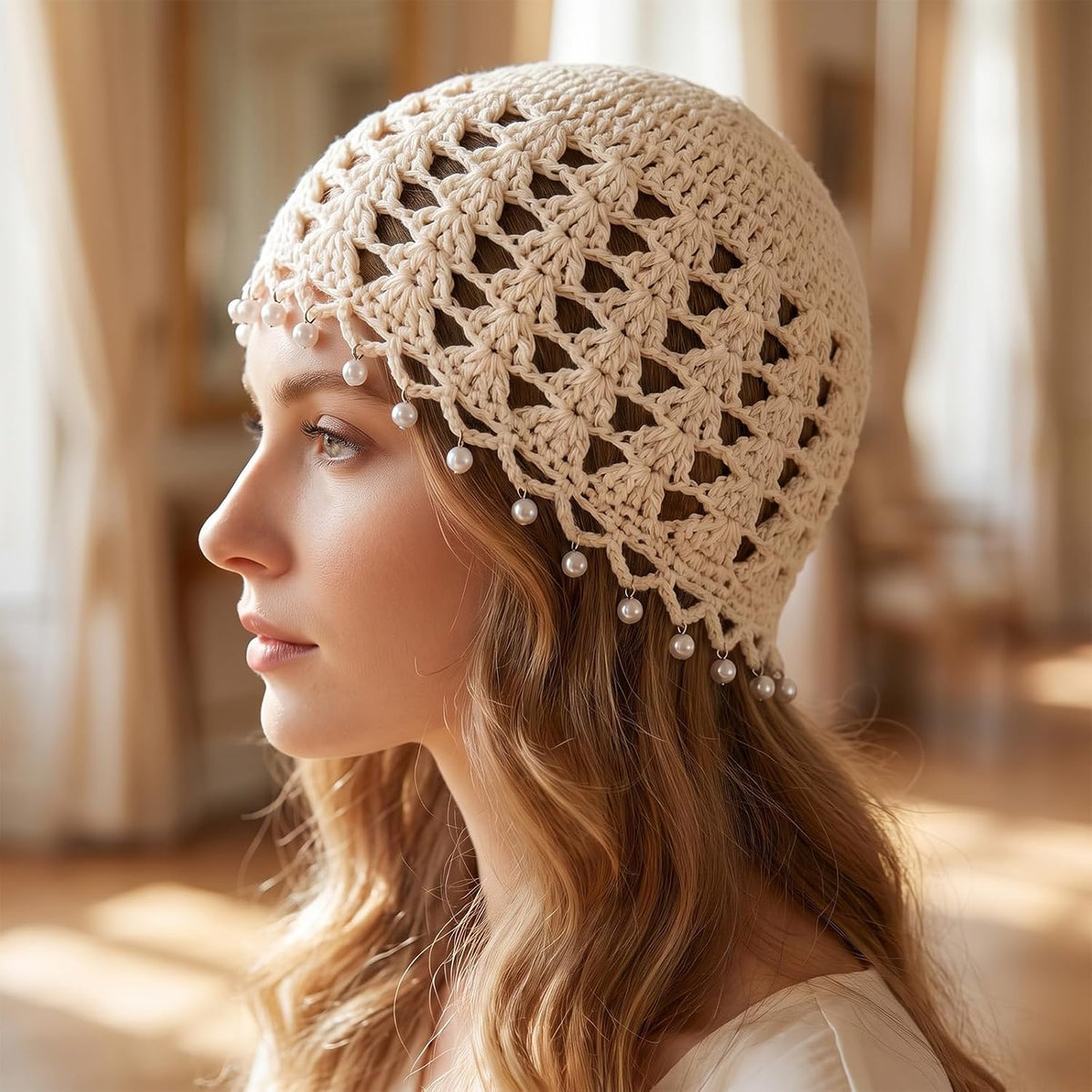 Shimmeroo Gorros de ganchillo para mujer, gorro bohemio de malla hu...