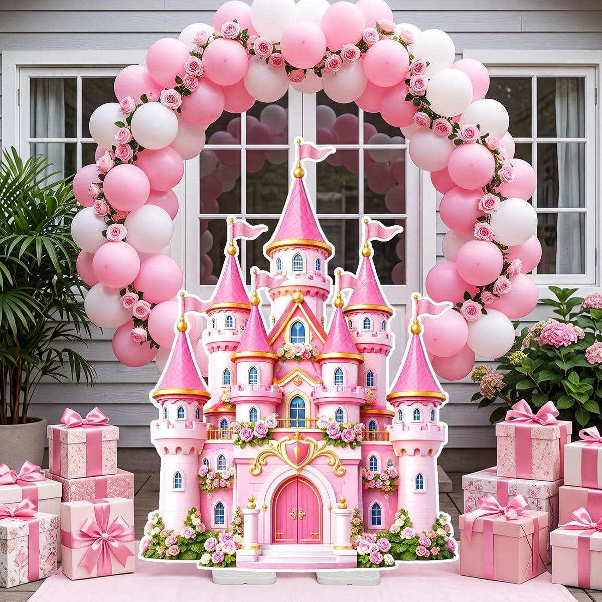 Qunclay Castillo de princesa rosa de 4.5 pies con corte de cartón,...