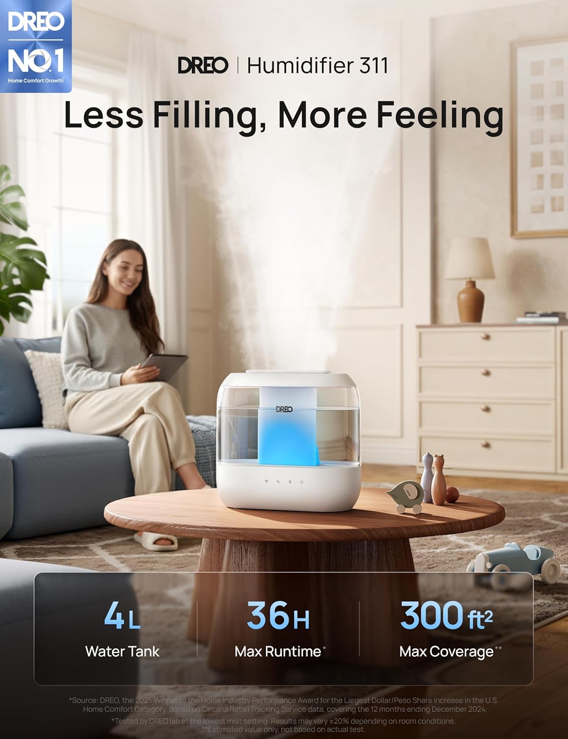 Dreo Humidificadores para dormitorio, llenado superior de 4L para h...