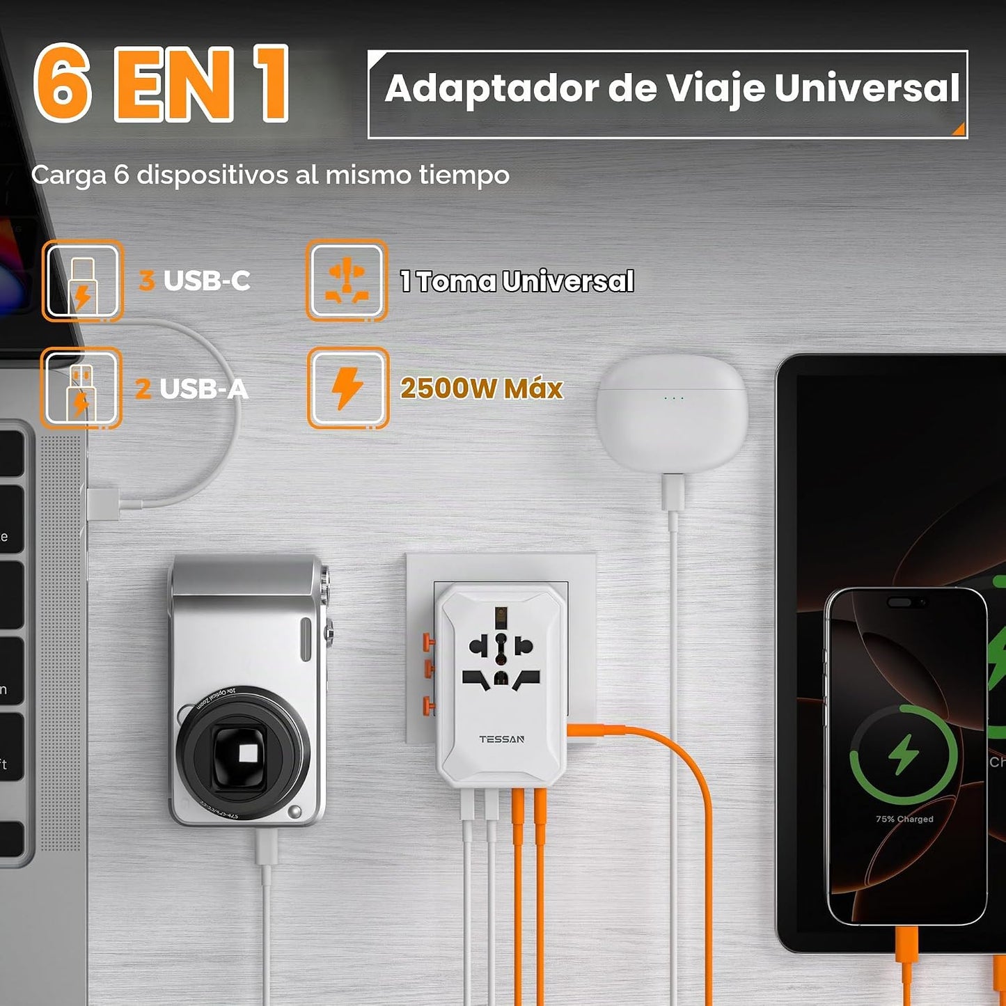 TESSAN Adaptador de viaje universal, adaptador de corriente interna...