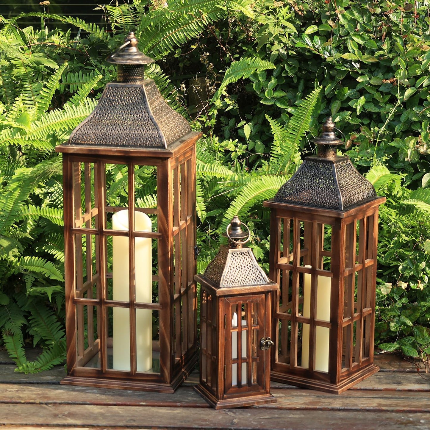 DECORKEY Juego de 3 Faroles Grandes de Madera y Metal Estilo Granja...