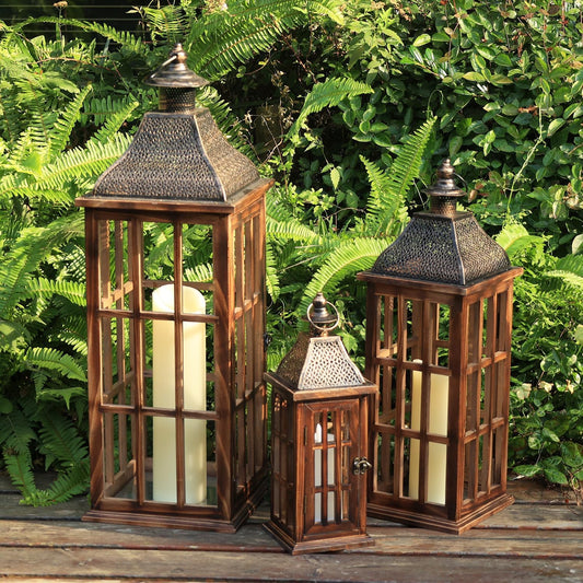 DECORKEY Juego de 3 Faroles Grandes de Madera y Metal Estilo Granja...