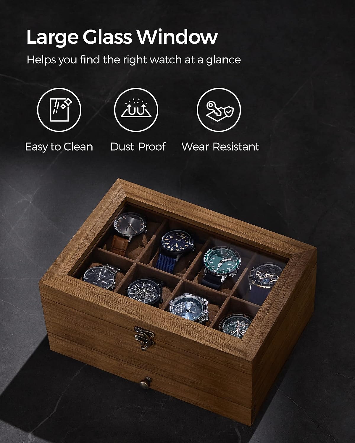SONGMICS Caja de reloj de madera de 8 ranuras, vitrina con tapa de...
