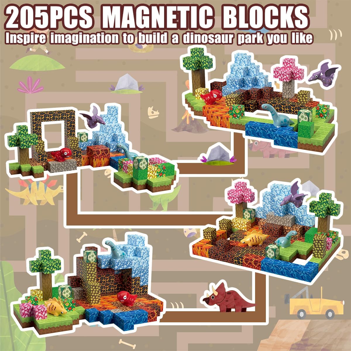 Bloques magnéticos de dinosaurios, juguetes 205 unidades, cubos mag...