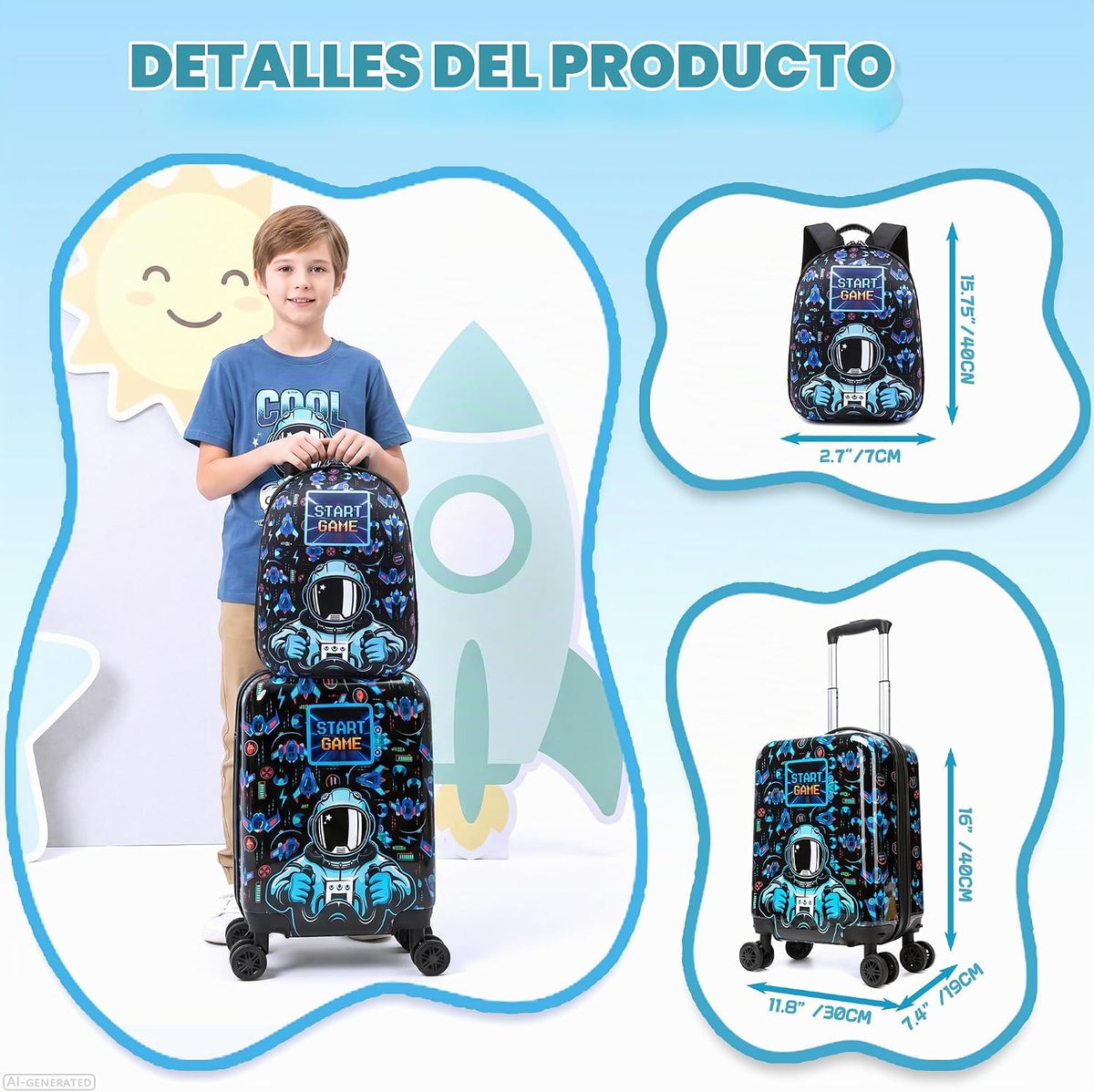 Esteemly Juego de equipaje para niños, 4 piezas, 16 pulgadas, rueda...