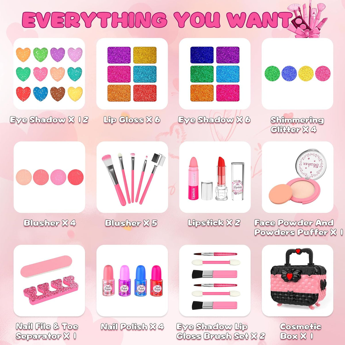 54 piezas de kit de maquillaje para niñas, juego de cosméticos lava...