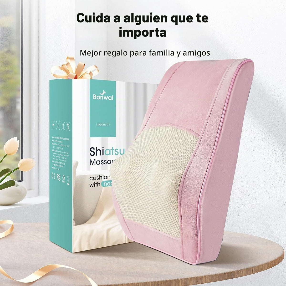 Boriwat Masajeador de cuello y espalda con calor, almohada de masaj...