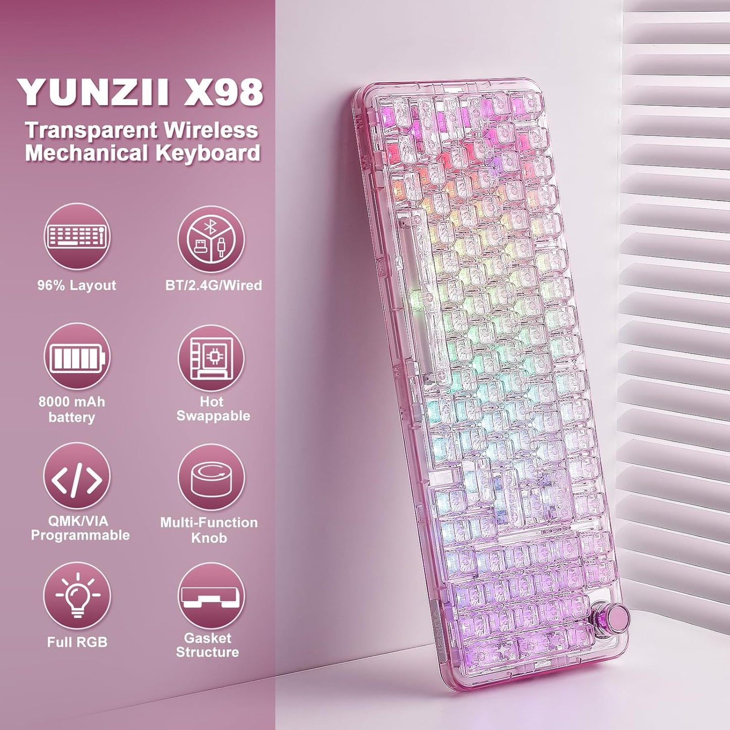 YUNZII X98 QMK\/VIA Teclado mecánico inalámbrico para juegos con pe...