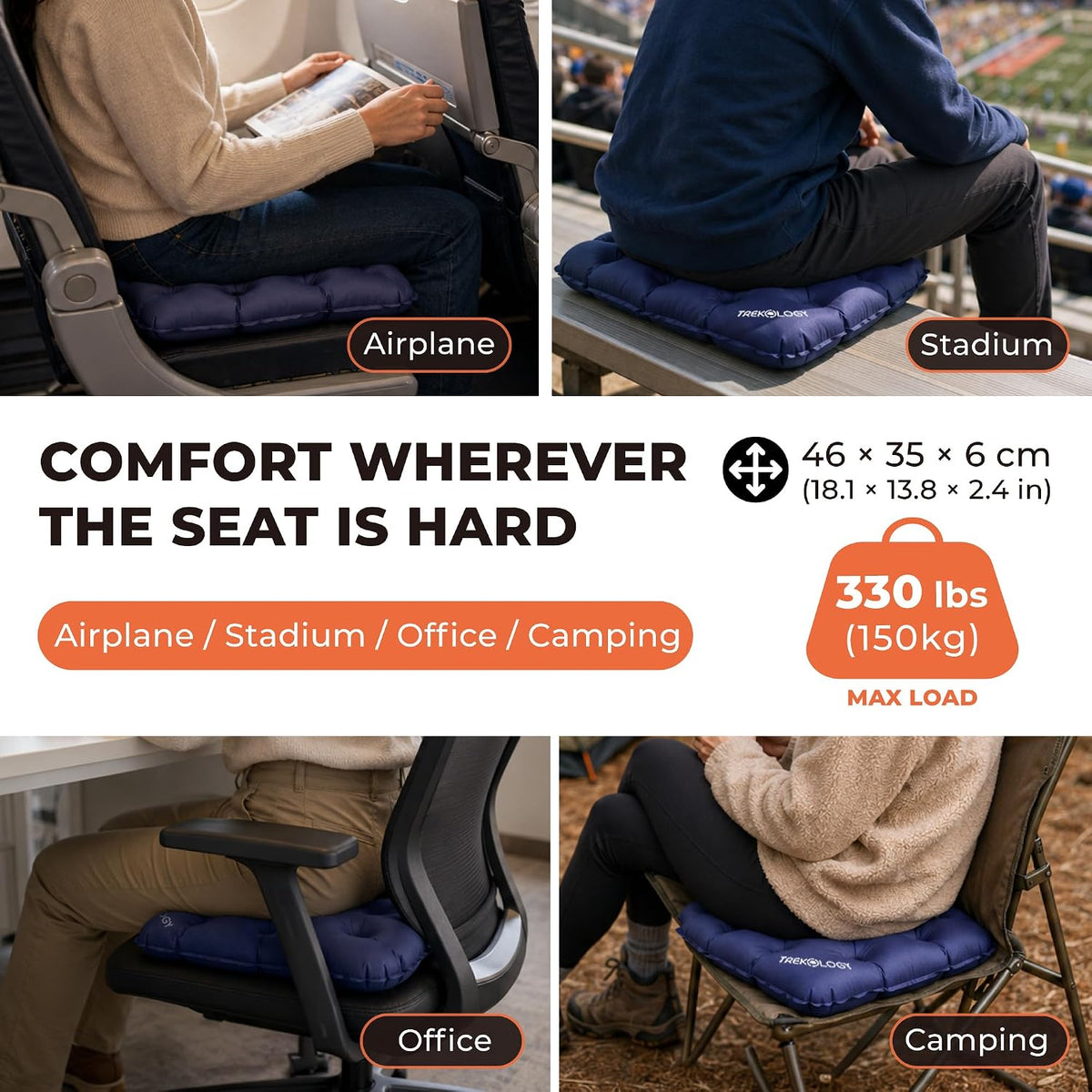 TREKOLOGY Cojín inflable para asiento de estadio para viajes aéreos...