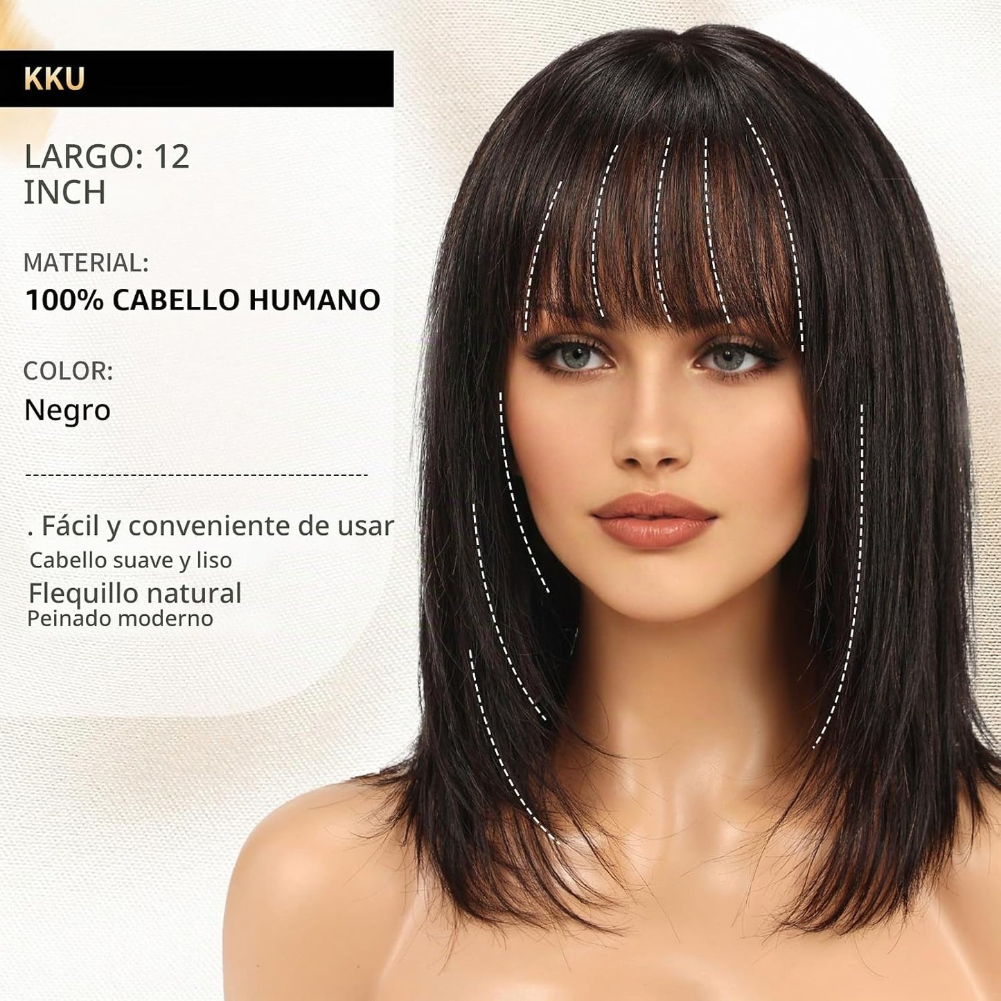 KKU Pelucas de cabello humano negro de 12 pulgadas para mujeres, pe...