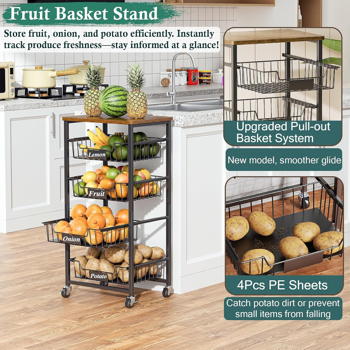 OKZEST Carrito de almacenamiento de cocina de 5 niveles con 4 cajon...
