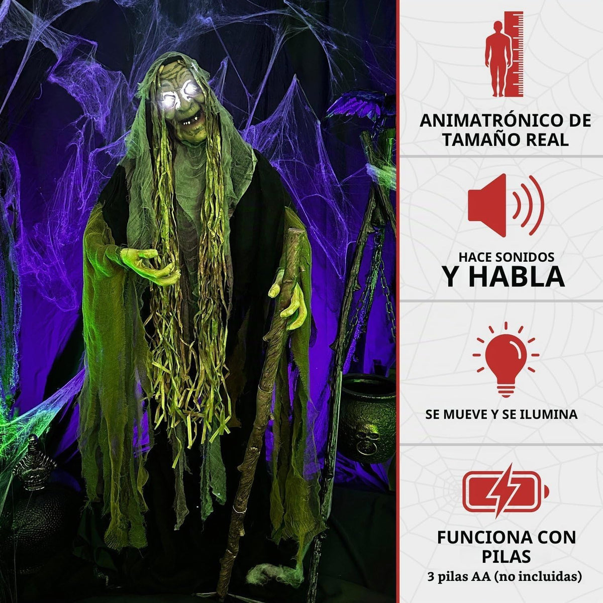 Haunted Hill Farm HHWITCH-10FLSA bruja animatrónica de tamaño real,...