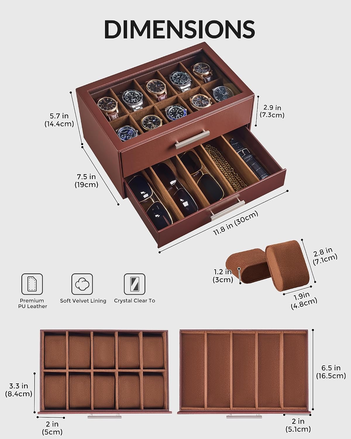 ProCase Caja de reloj de 10 ranuras para hombre, caja de gafas de s...