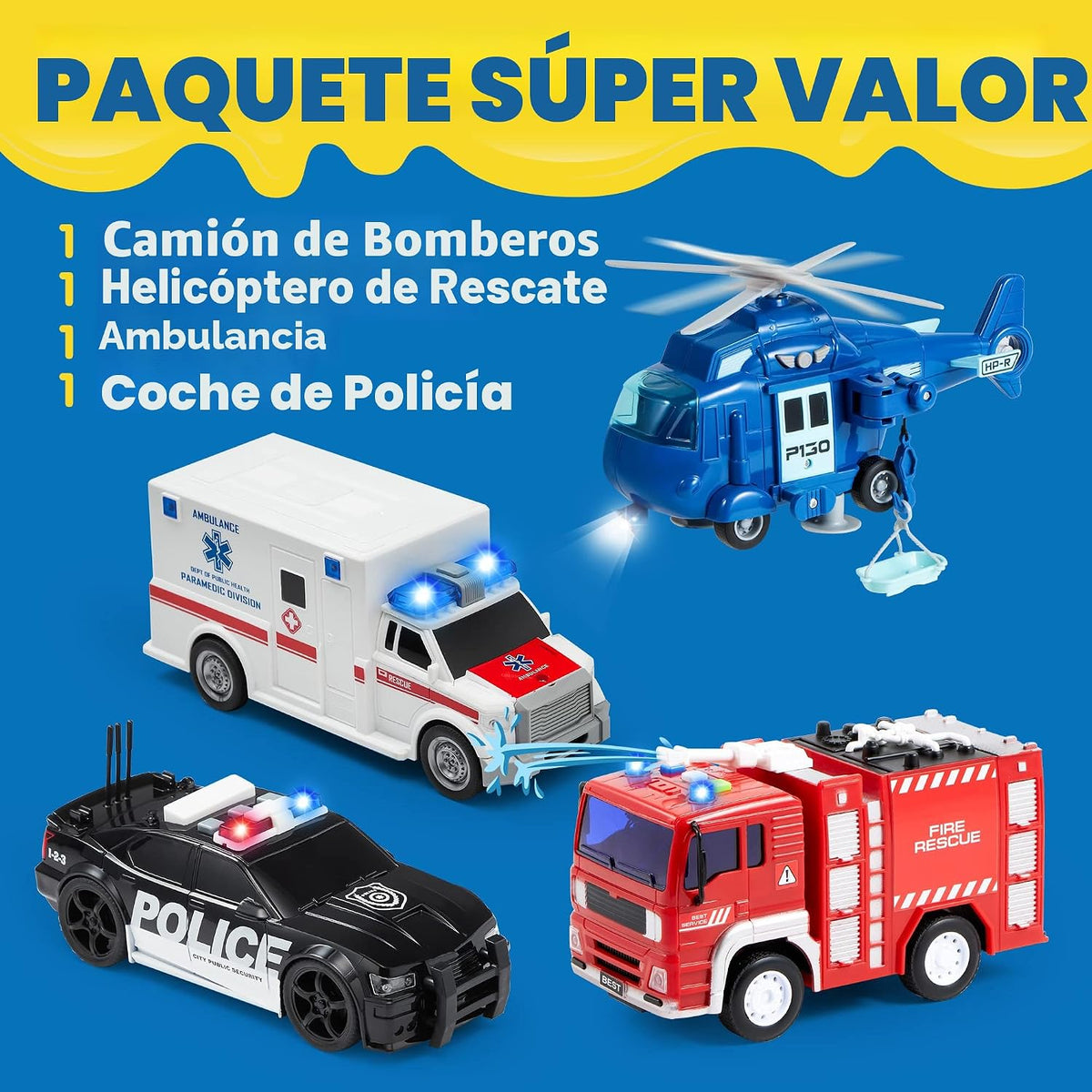 JOYIN Juego de 4 piezas de vehículos de emergencia, vehículos accio...