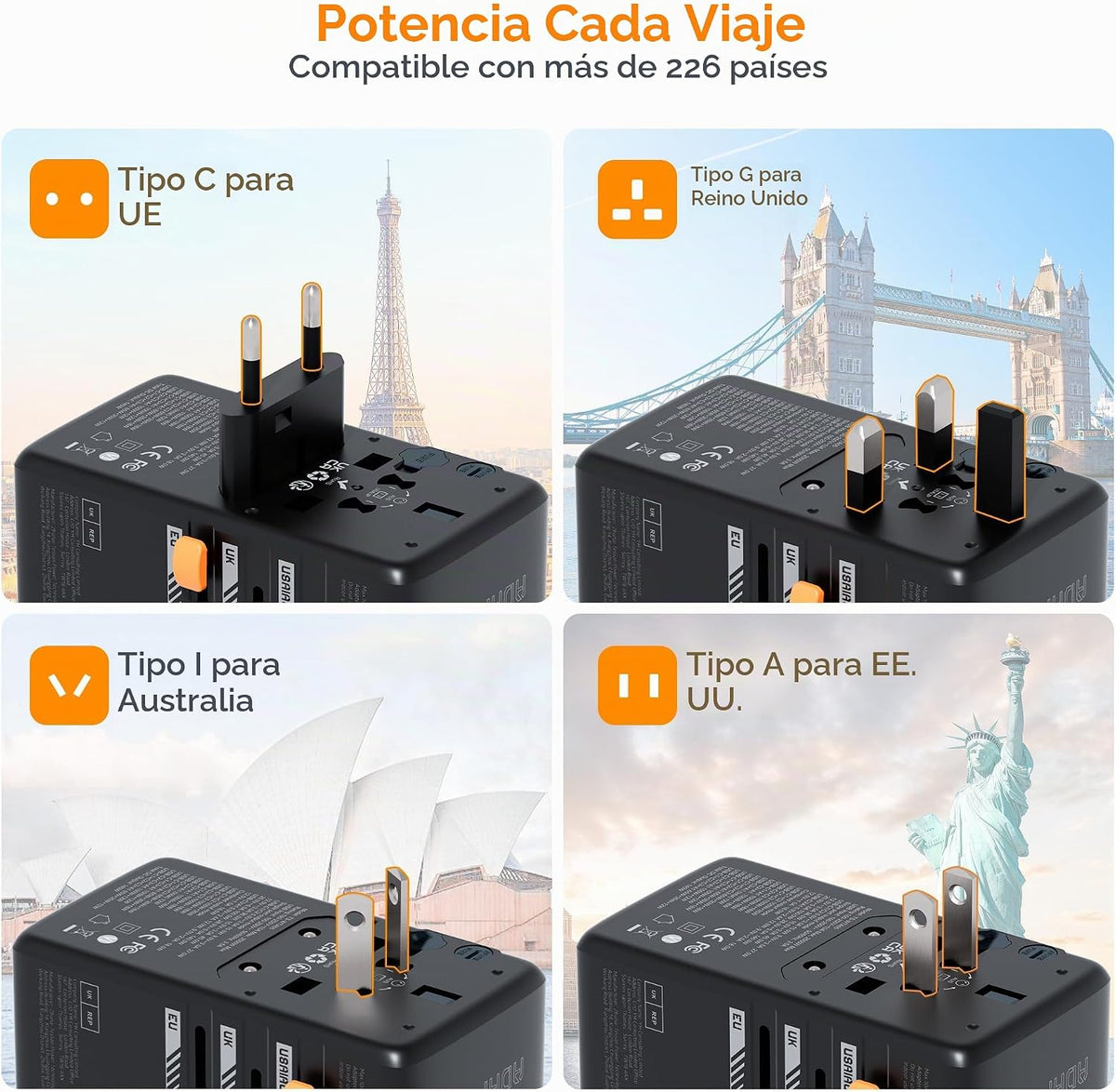 TESSAN Adaptador de viaje universal, 140 W GaN, negro | Adaptador d...