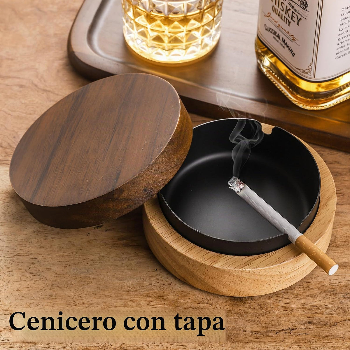 Cenicero lindo para cigarrillos con tapa DDAJJAJ Cenicero de madera...