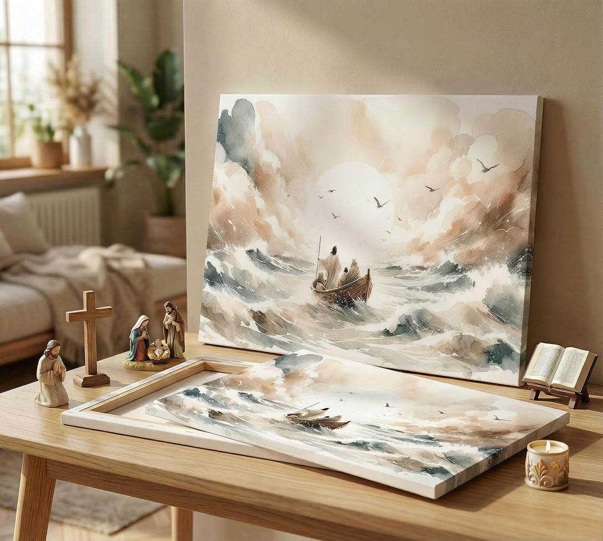 Arte de pared en lienzo Jesús apacigua la tormenta Acuarela Jesús e...