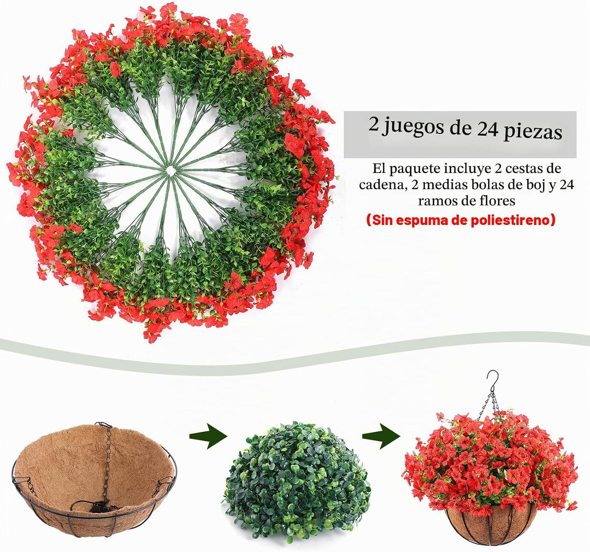 Hananona 24 flores artísticas para exteriores con cestas colgantes,...