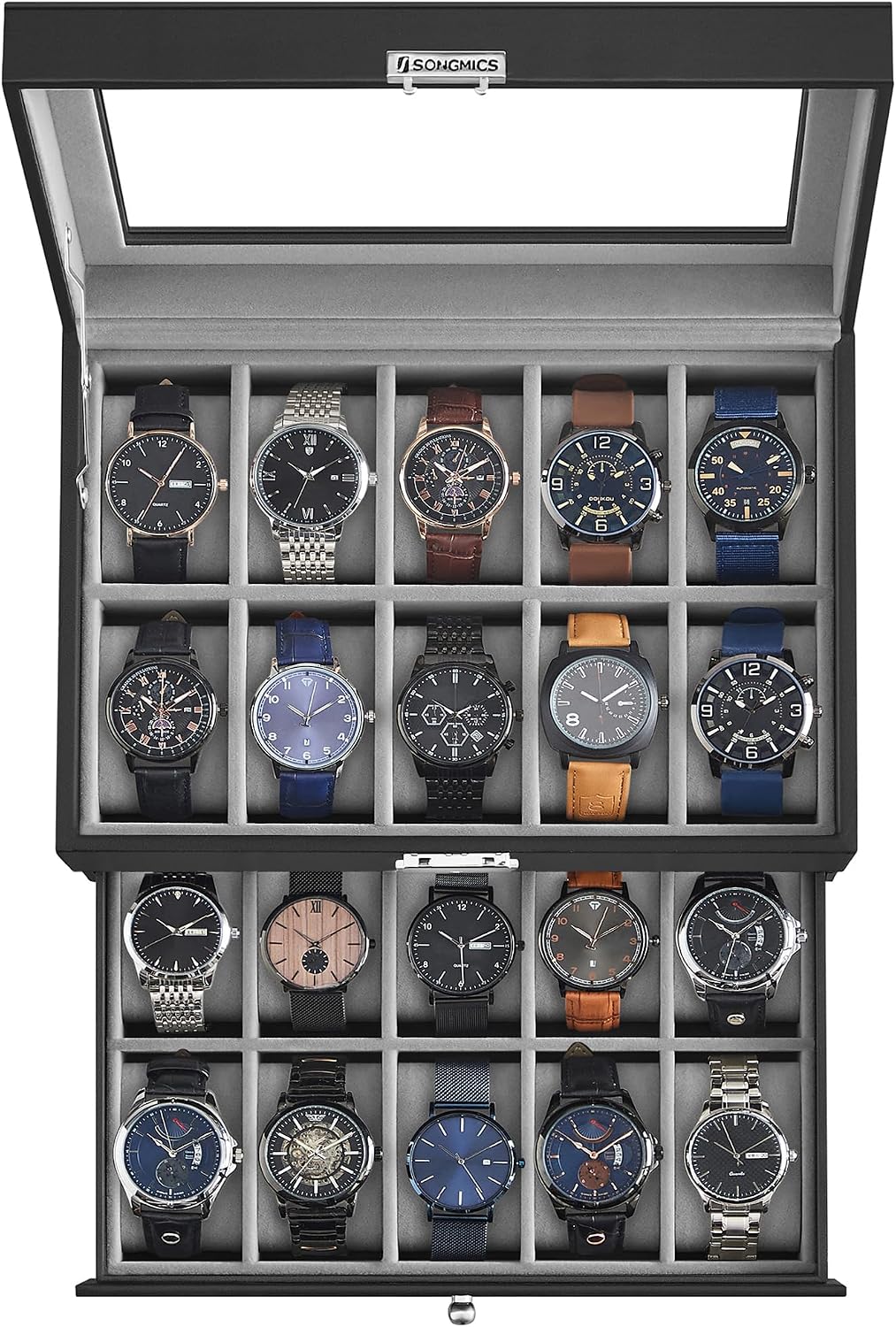 SONGMICS Caja de reloj de 20 ranuras, 2 capas, tapa de cristal, con...