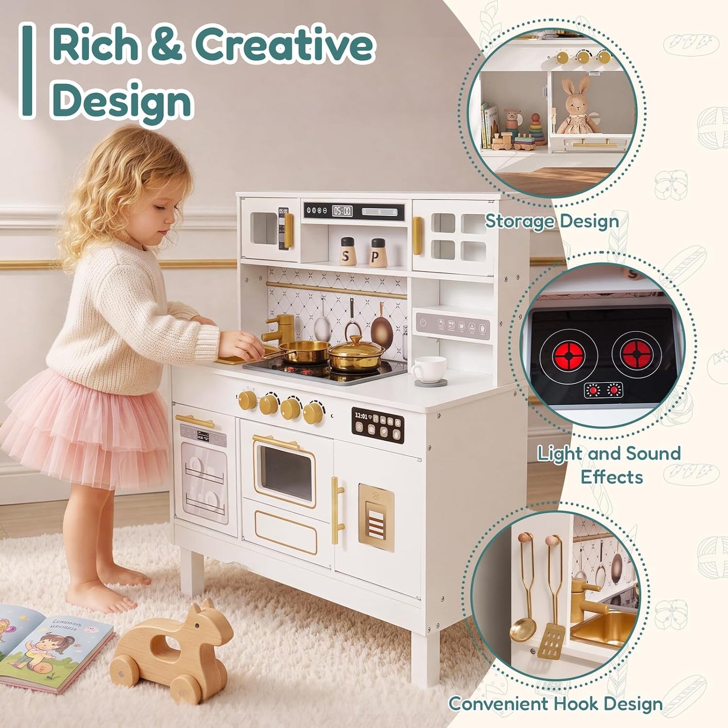 Cocina de madera para niños, moderno juego de cocina blanca con est...