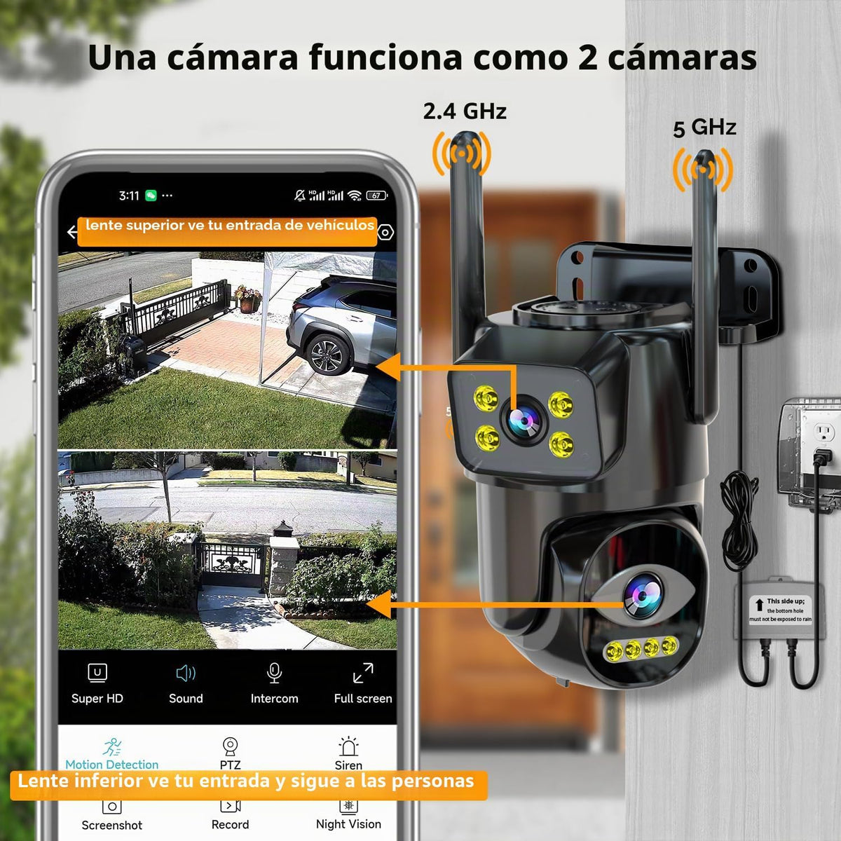 LETSCEE Cámara de seguridad WiFi de doble lente para exteriores, PT...