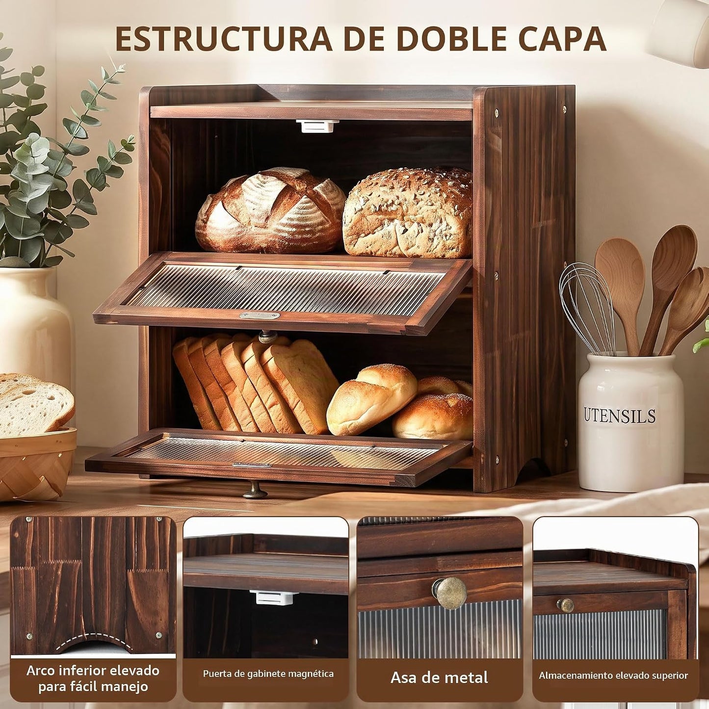 Luollabytel Panera para encimera de cocina, panera de madera de 2 c...