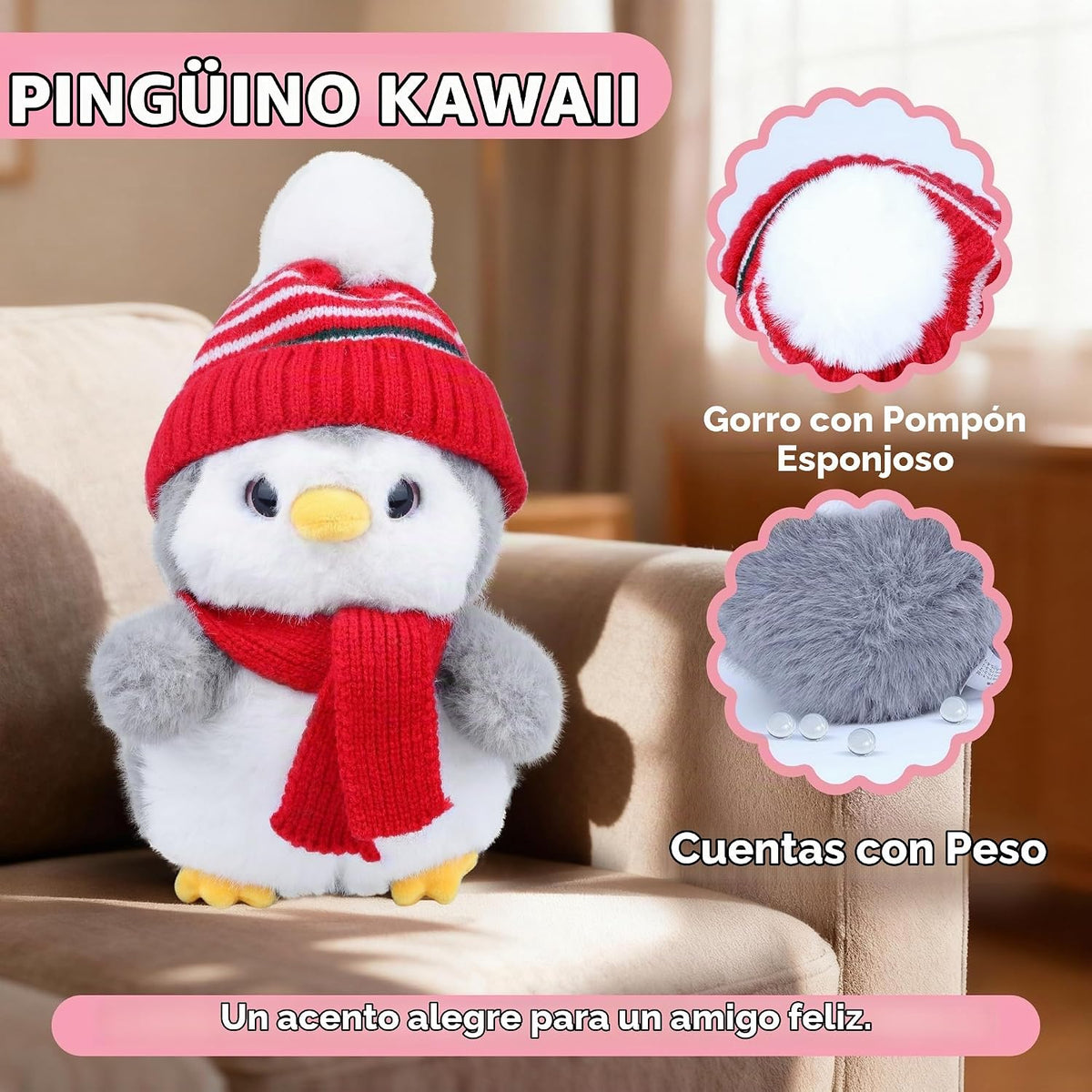Animal de peluche de pingüino, peluche de pingüino con gorro de pun...